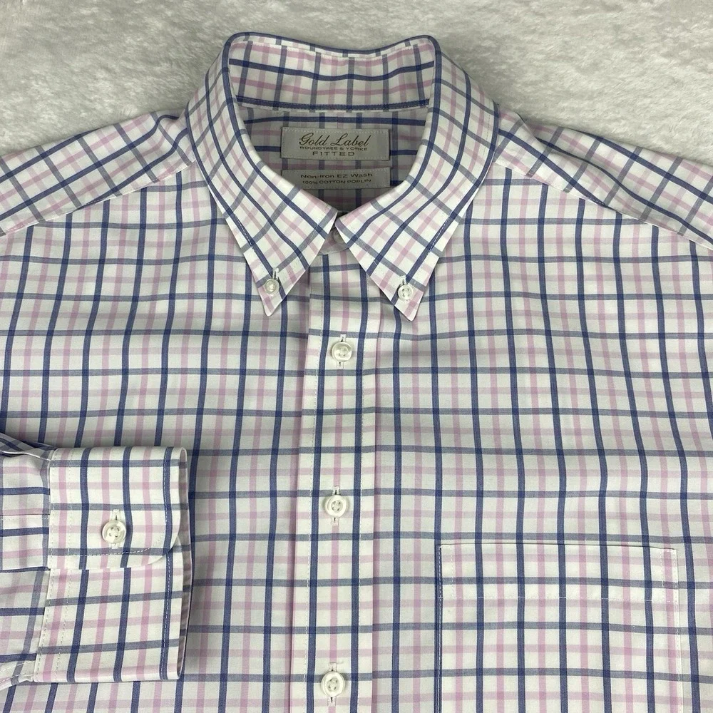 Roundtree & Yorke Gold Label Dress Shirt Mens 16-33 Pink/Blue Checks Fitted